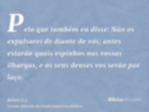 Pelo que também eu disse: Não os expulsarei de diante de vós; antes estarão quais espinhos nas vossas ilhargas, e os seus deuses vos serão por laço.