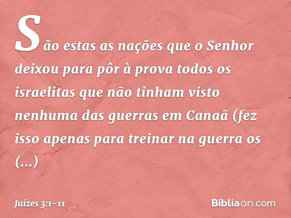 São estas as nações que o Senhor deixou para pôr à prova todos os israelitas que não tinham visto nenhuma das guer­ras em Canaã (fez isso apenas para treinar na