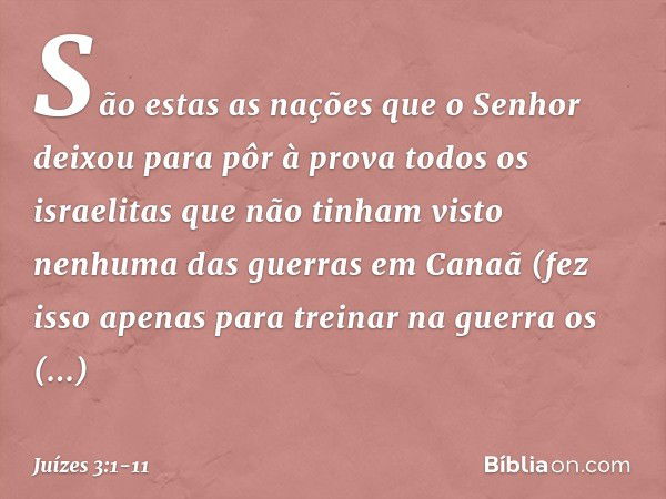 São estas as nações que o Senhor deixou para pôr à prova todos os israelitas que não tinham visto nenhuma das guer­ras em Canaã (fez isso apenas para treinar na