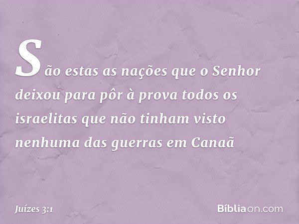 São estas as nações que o Senhor deixou para pôr à prova todos os israelitas que não tinham visto nenhuma das guer­ras em Canaã -- Juízes 3:1