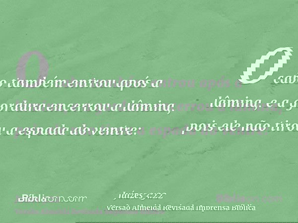 O cabo também entrou após a lâmina, e a gordura encerrou a lâmina, pois ele não tirou a espada do ventre: