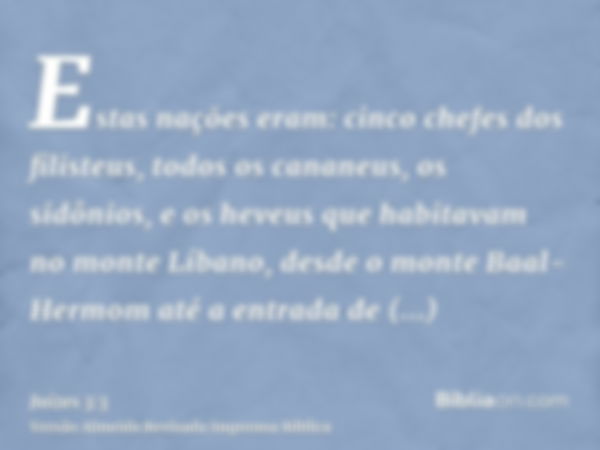 Estas nações eram: cinco chefes dos filisteus, todos os cananeus, os sidônios, e os heveus que habitavam no monte Líbano, desde o monte Baal-Hermom até a entrad