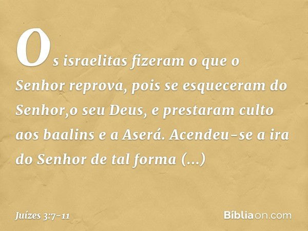 Os israelitas fizeram o que o Senhor reprova, pois se esqueceram do Senhor,o seu Deus, e prestaram culto aos baalins e a Aserá. Acendeu-se a ira do Senhor de ta