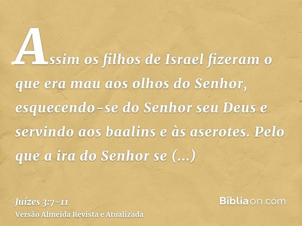 Assim os filhos de Israel fizeram o que era mau aos olhos do Senhor, esquecendo-se do Senhor seu Deus e servindo aos baalins e às aserotes.Pelo que a ira do Sen