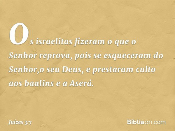 Os israelitas fizeram o que o Senhor reprova, pois se esqueceram do Senhor,o seu Deus, e prestaram culto aos baalins e a Aserá. -- Juízes 3:7