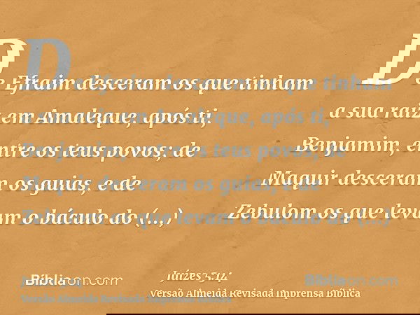 De Efraim desceram os que tinham a sua raiz em Amaleque, após ti, Benjamim, entre os teus povos; de Maquir desceram os guias, e de Zebulom os que levam o báculo