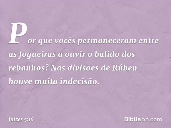 Por que vocês permaneceram
entre as fogueiras
a ouvir o balido dos rebanhos?
Nas divisões de Rúben
houve muita indecisão. -- Juízes 5:16