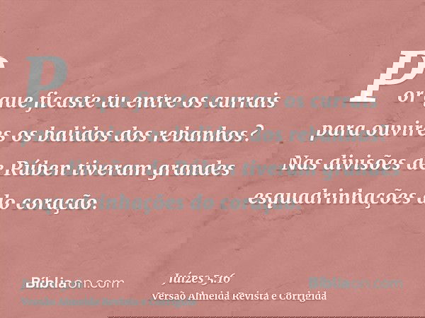 Por que ficaste tu entre os currais para ouvires os balidos dos rebanhos? Nas divisões de Rúben tiveram grandes esquadrinhações do coração.