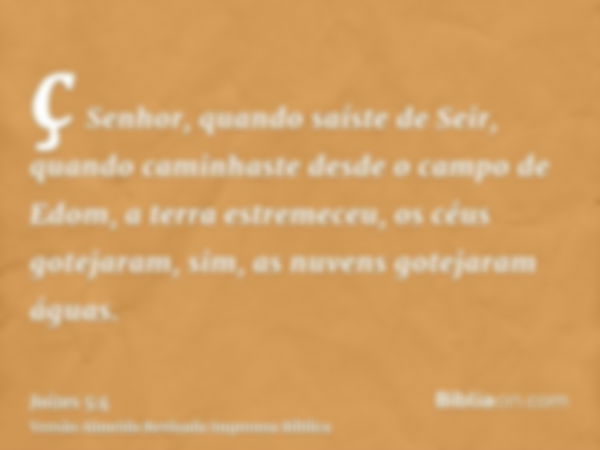 ç Senhor, quando saíste de Seir, quando caminhaste desde o campo de Edom, a terra estremeceu, os céus gotejaram, sim, as nuvens gotejaram águas.