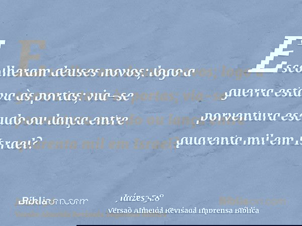 Escolheram deuses novos; logo a guerra estava às portas; via-se porventura escudo ou lança entre quarenta mil em Israel?