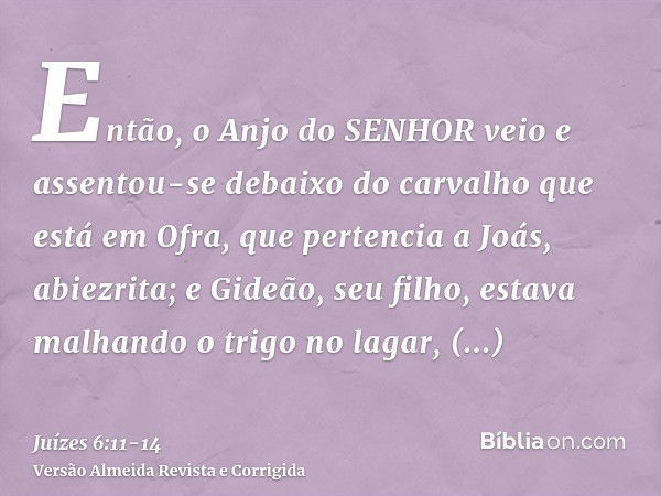 Então, o Anjo do SENHOR veio e assentou-se debaixo do carvalho que está em Ofra, que pertencia a Joás, abiezrita; e Gideão, seu filho, estava malhando o trigo n