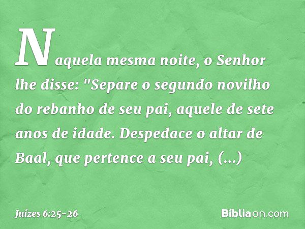 Naquela mesma noite, o Senhor lhe disse: "Separe o segundo novilho do rebanho de seu pai, aquele de sete anos de idade. Despedace o altar de Baal, que pertence 