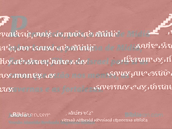 Prevalecia, pois, a mão de Midiã sobre Israel e, por causa de Midiã, fizeram os filhos de Israel para si as covas que estão nos montes, as cavernas e as fortale