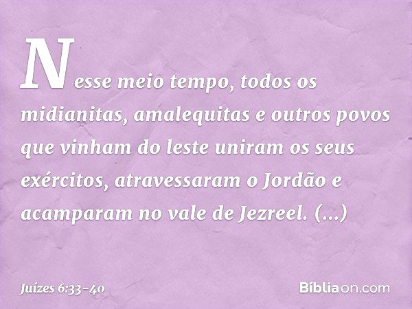 Nesse meio tempo, todos os midianitas, amalequitas e outros povos que vinham do leste uniram os seus exércitos, atravessaram o Jordão e acamparam no vale de Jez