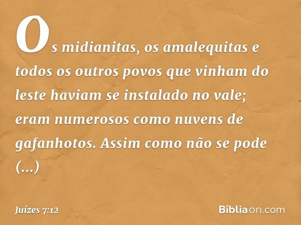 Os midianitas, os amalequitas e todos os outros povos que vinham do leste haviam se instalado no vale; eram numerosos como nuvens de gafanhotos. Assim como não 