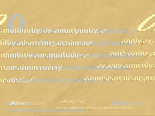Os midianitas, os amalequitas, e todos os filhos do oriente jaziam no vale, como gafanhotos em multidão; e os seus camelos eram inumeráveis, como a areia na pra