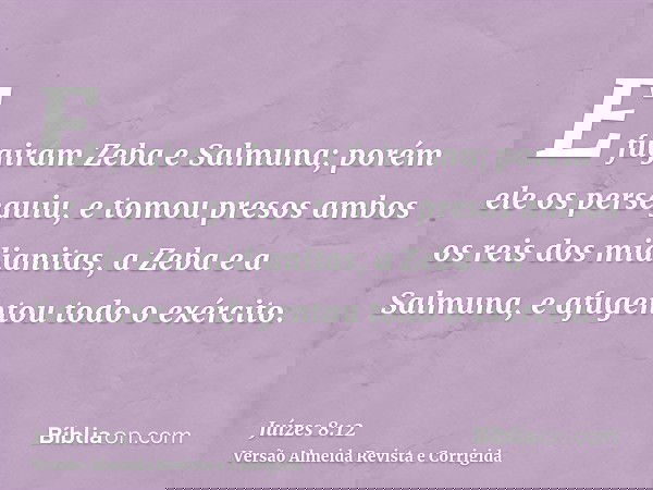 E fugiram Zeba e Salmuna; porém ele os perseguiu, e tomou presos ambos os reis dos midianitas, a Zeba e a Salmuna, e afugentou todo o exército.