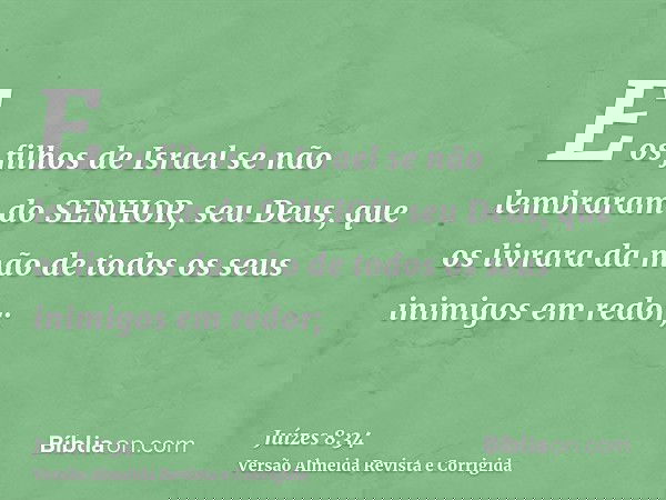 E os filhos de Israel se não lembraram do SENHOR, seu Deus, que os livrara da mão de todos os seus inimigos em redor;