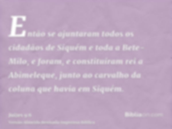 Então se ajuntaram todos os cidadãos de Siquém e toda a Bete-Milo, e foram, e constituíram rei a Abimeleque, junto ao carvalho da coluna que havia em Siquém.