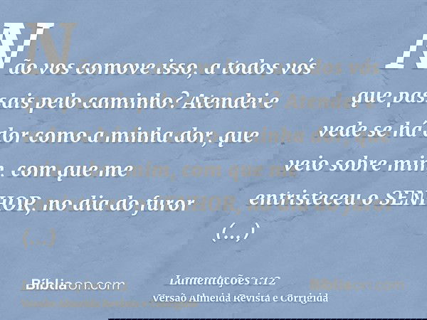 Não vos comove isso, a todos vós que passais pelo caminho? Atendei e vede se há dor como a minha dor, que veio sobre mim, com que me entristeceu o SENHOR, no di