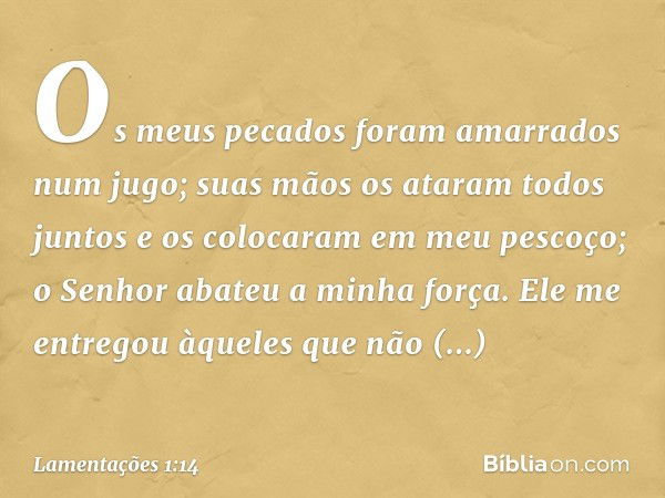 Os meus pecados foram
amarrados num jugo;
suas mãos os ataram todos juntos
e os colocaram em meu pescoço;
o Senhor abateu a minha força.
Ele me entregou àqueles