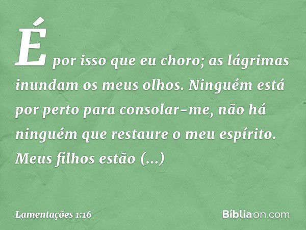 É por isso que eu choro;
as lágrimas inundam os meus olhos.
Ninguém está por perto para consolar-me,
não há ninguém que restaure o meu espírito.
Meus filhos est