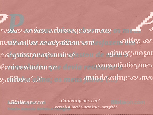 Por essas coisas, choro eu; os meus olhos, os meus olhos se desfazem em águas; porque se afastou de mim o consolador que devia restaurar a minha alma; os meus f