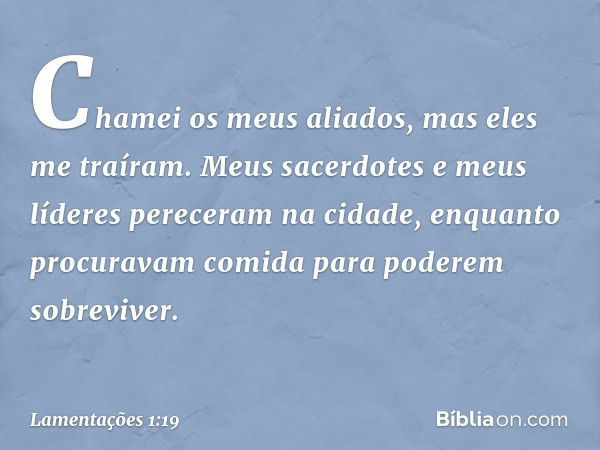 Chamei os meus aliados,
mas eles me traíram.
Meus sacerdotes e meus líderes
pereceram na cidade,
enquanto procuravam comida
para poderem sobreviver. -- Lamentaç