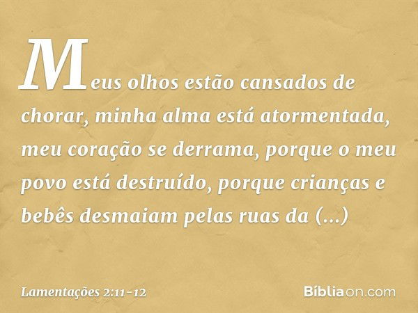 Meus olhos estão cansados de chorar,
minha alma está atormentada,
meu coração se derrama,
porque o meu povo está destruído,
porque crianças e bebês desmaiam
pel