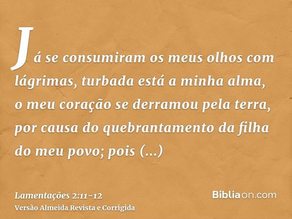 Já se consumiram os meus olhos com lágrimas, turbada está a minha alma, o meu coração se derramou pela terra, por causa do quebrantamento da filha do meu povo; 