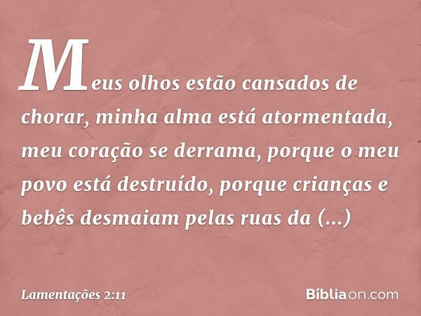 Meus olhos estão cansados de chorar,
minha alma está atormentada,
meu coração se derrama,
porque o meu povo está destruído,
porque crianças e bebês desmaiam
pel