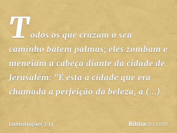 Todos os que cruzam o seu caminho
batem palmas;
eles zombam e meneiam a cabeça
diante da cidade de Jerusalém:
"É esta a cidade que era chamada
a perfeição da be