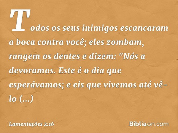 Todos os seus inimigos
escancaram a boca contra você;
eles zombam, rangem os dentes
e dizem: "Nós a devoramos.
Este é o dia que esperávamos;
e eis que vivemos a