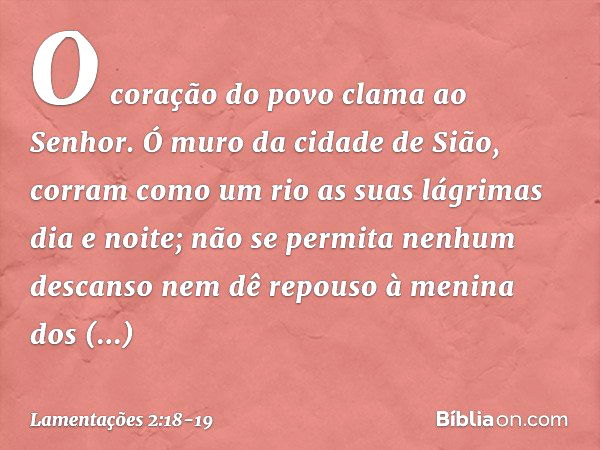 O coração do povo clama ao Senhor.
Ó muro da cidade de Sião,
corram como um rio
as suas lágrimas dia e noite;
não se permita nenhum descanso
nem dê repouso à me