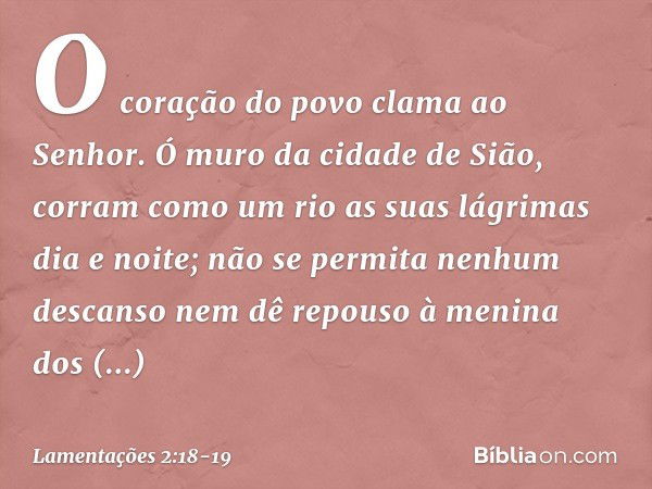 O coração do povo clama ao Senhor.
Ó muro da cidade de Sião,
corram como um rio
as suas lágrimas dia e noite;
não se permita nenhum descanso
nem dê repouso à me