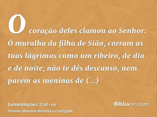 O coração deles clamou ao Senhor: Ó muralha da filha de Sião, corram as tuas lágrimas como um ribeiro, de dia e de noite; não te dês descanso, nem parem as meni