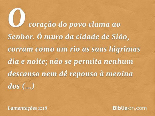 O coração do povo clama ao Senhor.
Ó muro da cidade de Sião,
corram como um rio
as suas lágrimas dia e noite;
não se permita nenhum descanso
nem dê repouso à me