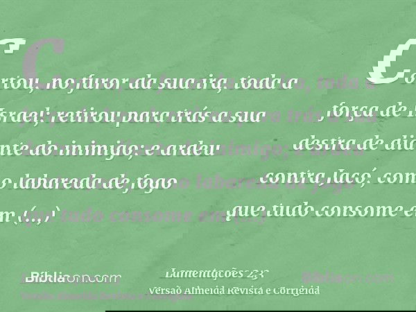 Cortou, no furor da sua ira, toda a força de Israel; retirou para trás a sua destra de diante do inimigo; e ardeu contra Jacó, como labareda de fogo que tudo co