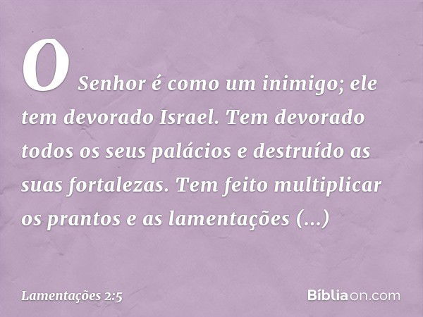 O Senhor é como um inimigo;
ele tem devorado Israel.
Tem devorado todos os seus palácios
e destruído as suas fortalezas.
Tem feito multiplicar os prantos
e as l