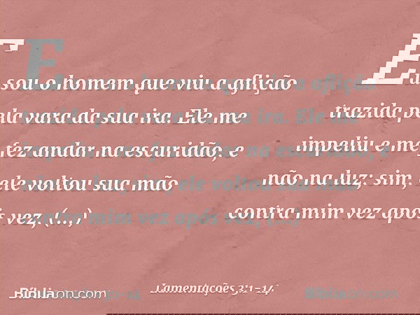 Eu sou o homem que viu a aflição
trazida pela vara da sua ira. Ele me impeliu e me fez andar na escuridão,
e não na luz; sim, ele voltou sua mão contra mim
vez 