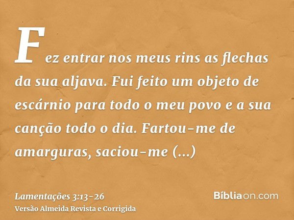 Fez entrar nos meus rins as flechas da sua aljava.Fui feito um objeto de escárnio para todo o meu povo e a sua canção todo o dia.Fartou-me de amarguras, saciou-