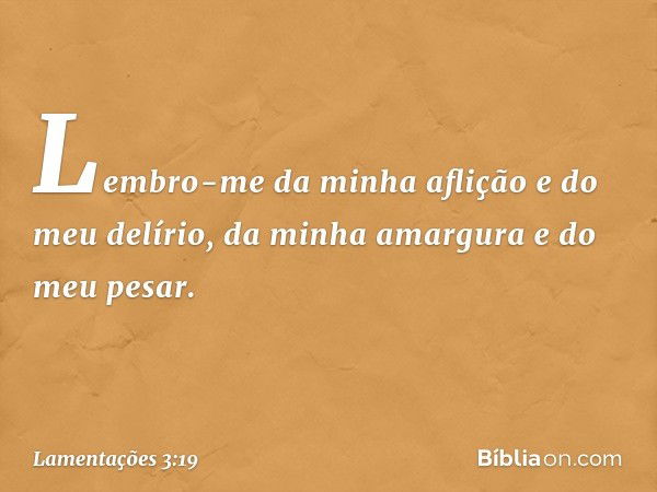 Lembro-me da minha aflição
e do meu delírio,
da minha amargura e do meu pesar. -- Lamentações 3:19