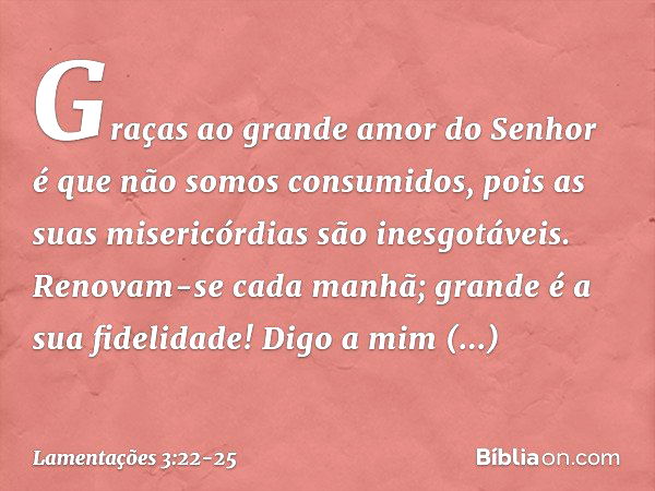 Graças ao grande amor do Senhor
é que não somos consumidos,
pois as suas misericórdias são inesgotáveis. Renovam-se cada manhã;
grande é a sua fidelidade! Digo 