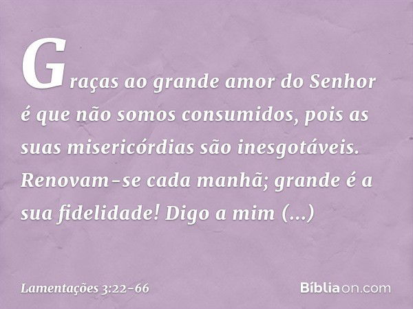 Graças ao grande amor do Senhor
é que não somos consumidos,
pois as suas misericórdias são inesgotáveis. Renovam-se cada manhã;
grande é a sua fidelidade! Digo 