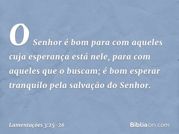 O Senhor é bom para com aqueles
cuja esperança está nele,
para com aqueles que o buscam; é bom esperar tranquilo
pela salvação do Senhor. -- Lamentações 3:25-26