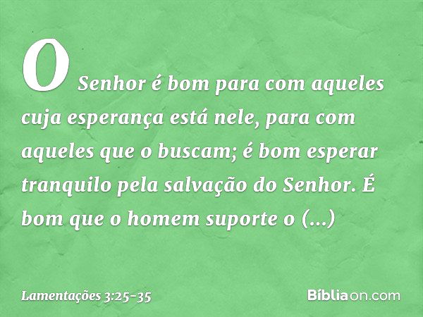 O Senhor é bom para com aqueles
cuja esperança está nele,
para com aqueles que o buscam; é bom esperar tranquilo
pela salvação do Senhor. É bom que o homem supo