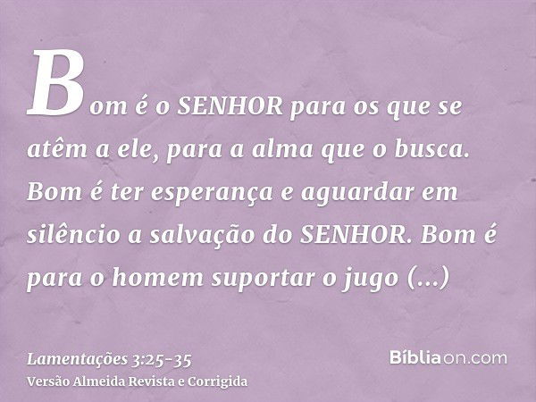 Bom é o SENHOR para os que se atêm a ele, para a alma que o busca.Bom é ter esperança e aguardar em silêncio a salvação do SENHOR.Bom é para o homem suportar o 