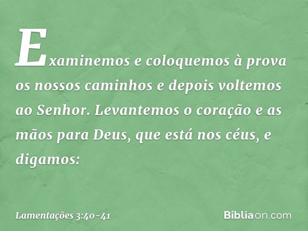 Examinemos e coloquemos à prova
os nossos caminhos
e depois voltemos ao Senhor. Levantemos o coração e as mãos
para Deus, que está nos céus, e digamos: -- Lamen