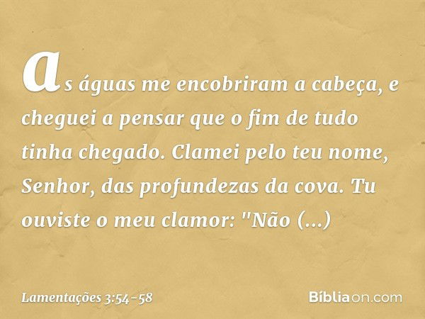 as águas me encobriram a cabeça,
e cheguei a pensar
que o fim de tudo tinha chegado. Clamei pelo teu nome, Senhor,
das profundezas da cova. Tu ouviste o meu cla