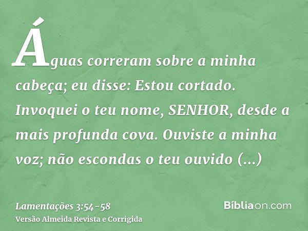 Águas correram sobre a minha cabeça; eu disse: Estou cortado.Invoquei o teu nome, SENHOR, desde a mais profunda cova.Ouviste a minha voz; não escondas o teu ouv